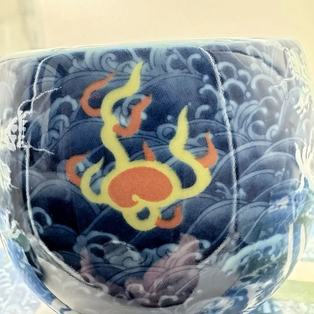 Sake Teapot Cups Six Dragon Blue  Porcelain Tea Set‎ Japanese Asian Signed Fire